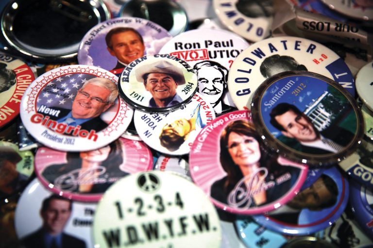 Political buttons are displayed at a vendor's table during the 42nd annual Conservative Political Action Conference. (Alex Wong/Getty Images)