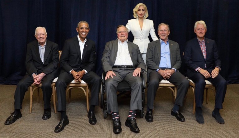 Award-winning pop star Lady Gaga posted a picture of herself on Twitter standing with the five living former presidents Saturday at the 