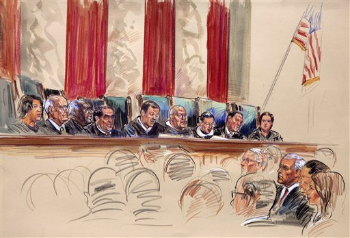 This artist rendering shows Chief Justice John Roberts, center, speaking at the Supreme Court in Washington, Thursday, June 28, 2012. From left are, Justices Sonia Sotomayor, Stephen Breyer, Clarence Thomas, Antonin Scalia, Roberts, Anthony Kennedy, Ruth Bader Ginsburg, Samuel Alito and Elena Kagan. (AP Photo/Dana Verkouteren)