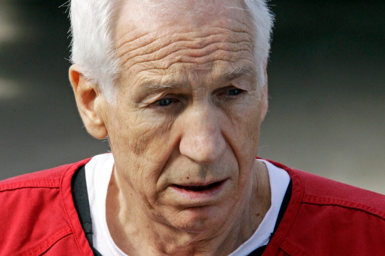 FILE - In this Oct. 9, 2012 file photo, former Penn State University assistant football coach Jerry Sandusky leaves the Centre County Courthouse after being sentenced in Bellefonte, Pa. An interview with Sandusky is expected to be aired on NBC's 