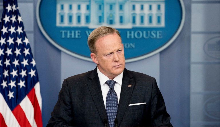 Deputy press secretary Sarah Sanders conducted Monday's briefing, and when she was asked where Spicer was, she said he was at work today, but not at the podium. (AP Photo/Andrew Harnik)