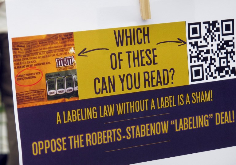 The Senate passed a bill that would require GMO labeling, but in different ways. For instance, a company can put a label on its product or use a QR code that a person can scan with his smartphone to get more information via a website. (AP Photo/Wilson Ring)