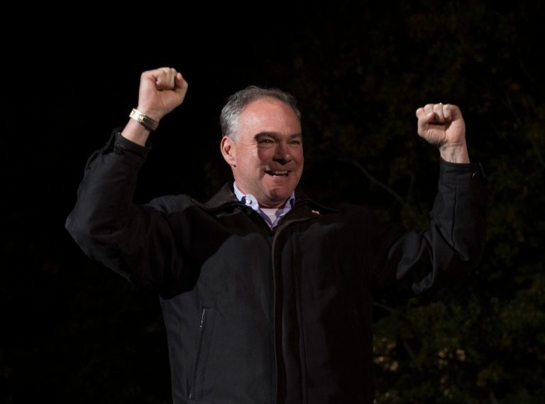 Democratic vice presidential candidate Sen. Tim Kaine, D-Va., takes the stage during a campaign rally at George Mason University on Monday, Nov. 7, 2016 in Fairfax, Va. (AP Photo/Molly Riley)