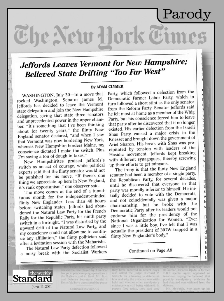 Senator Jim Jeffords leaves the Vermont delegation to represent New Hampshire.