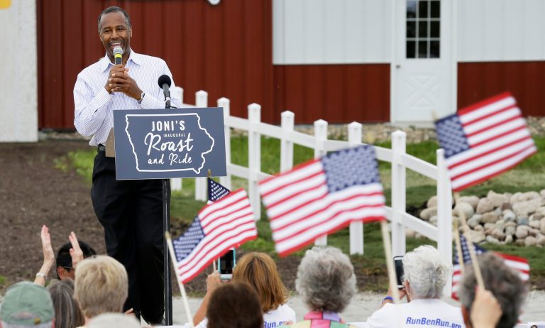 Republican presidential candidate Dr. Ben Carson is greeted by supporters during a fundraiser for U.S. Sen. Joni Ernst, R-Iowa, Saturday, June 6, 2015, in Boone, Iowa. (AP Photo/Charlie Neibergall)