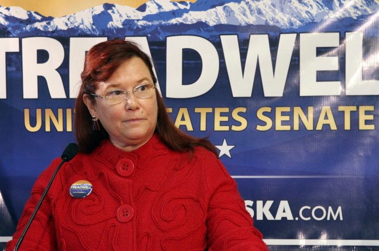 Former Alaska state Senate President Drue Pearce speaks Thursday, Sept. 12, 2013, in Anchorage, Alaska, as Lt. Gov. Mead Treadwell launched his U.S. Senate campaign. Republicans could have a bruising primary before ahead of the general election battle with U.S. Sen. Mark Begich, D-Alaska. (AP Photo/Mark Thiessen)