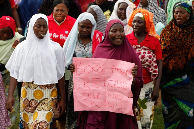 Women sing slogans during a demonstration calling on the government to rescue the kidnapped girls of the government secondary school in Chibok, in Abuja, Nigeria, May 28. (AP/Sunday Alamba)