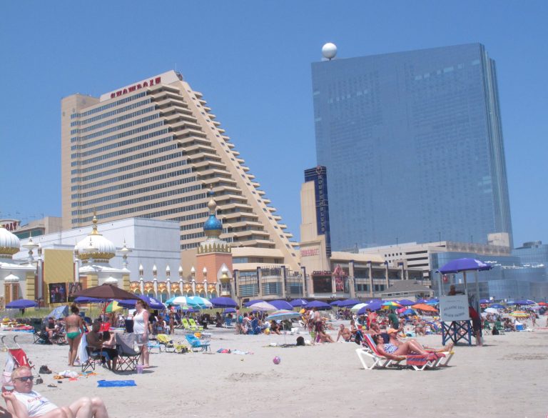 This July 23, 2014 photo shows the Showboat, left, and Revel, right, two Atlantic City N.J. casinos that are due to close by mid-September. Possible uses for former casino buildings include office space, non-gambling hotels or even student housing, according to analysts and businesspeople. (AP Photo/Wayne Parry)