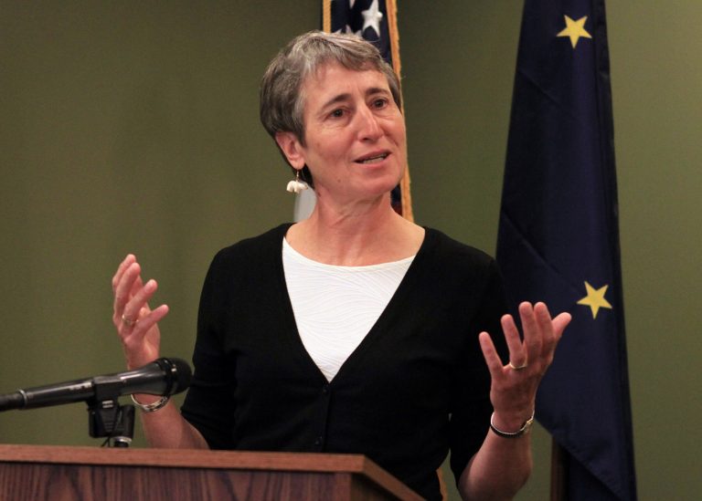 FILE - This Sept. 3, 2013 file photo shows Interior Secretary Sally Jewell speaking in Anchorage, Alaska. Jewell says Congress needs to do more than talk when it comes to national parks, forests and other public lands. In her first major address since taking office this spring, Jewell called on Congress to fight for parks and other public lands in the federal budget. (AP Photo/Dan Joling, File)