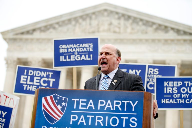 Rep. Louie Gohmert, R-Texas speaks at a rally outside the Supreme Court in Washington, Wednesday, March 4, 2015, as the court was hearing arguments in King v. Burwell, a major test of President Barack Obama's health overhaul which, if successful, could halt health care premium subsidies in all the states where the federal government runs the insurance marketplaces. (AP Photo/Andrew Harnik)