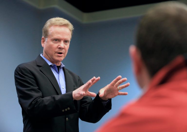 Former Virginia Sen. Jim Webb speaks at an event at the public library in Council Bluffs, Iowa, Thursday, April 9, 2015. (AP Photo/Nati Harnik)