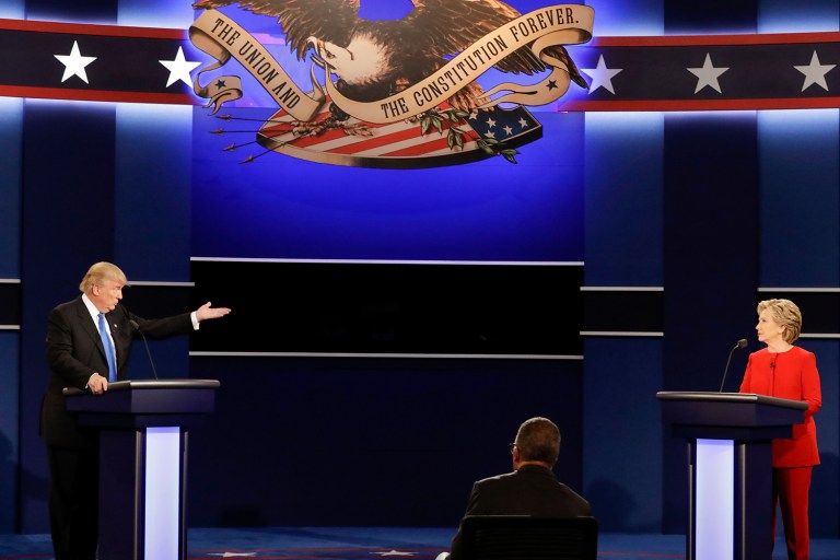 Donald Trump smacked Hillary Clinton down in Monday night's presidential debate on the issue of the North American Free Trade Agreement approved in 1994 by her husband. (AP Photo/David Goldman)