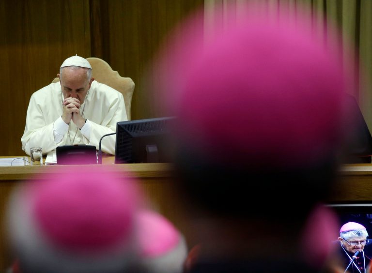 Pope Francis attends a morning session of a two-week synod on family issues at the Vatican, Monday, Oct. 13, 2014. (AP Photo/Gregorio Borgia)