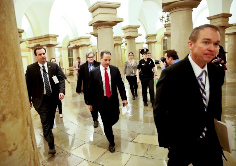 Office of Management and Budget Mick Mulvaney, right, White House Chief of Staff Reince Priebus, and White House chief strategist Steve Bannon, depart after a Republican caucus meeting on Capitol Hill on March 23. (AP Photo/Alex Brandon)