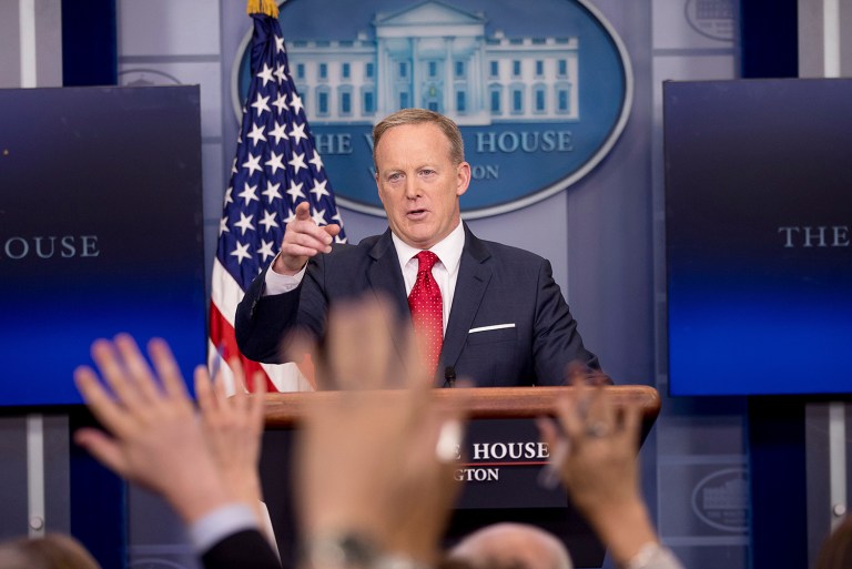 "I'm a Patriots fan, and... if games ended in the third quarter, there would have been a different team here," Spicer said, referring to the New England Patriots' comeback in the last Super Bowl. (AP Photo/Andrew Harnik)
