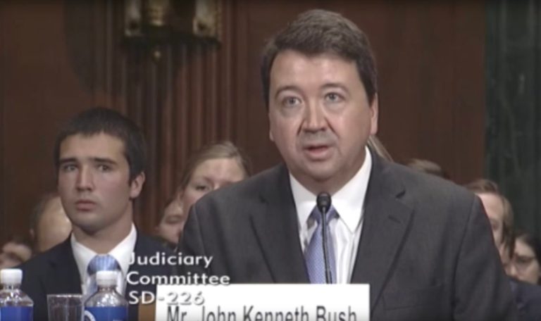 John K. Bush's nomination came under scrutiny from Democratic and Republican judiciary committee members because of his pseudonymous blog posts. (Screengrab/CSPAN)