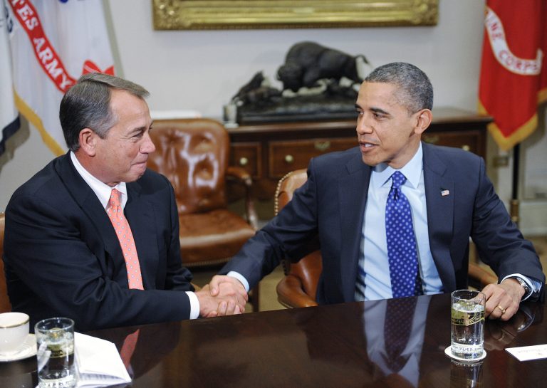 President Barack Obama (R) shakes hands with Speaker of the House John Boehner (R-OH). (Getty Images)