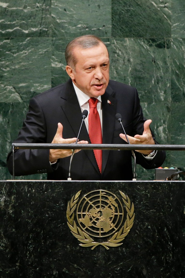 Turkish President Recep Tayyip Erdogan addresses the 69th session of the United Nations General Assembly Wednesday, Sept. 24, 2014, at U.N. headquarters. (AP Photo/Frank Franklin II)