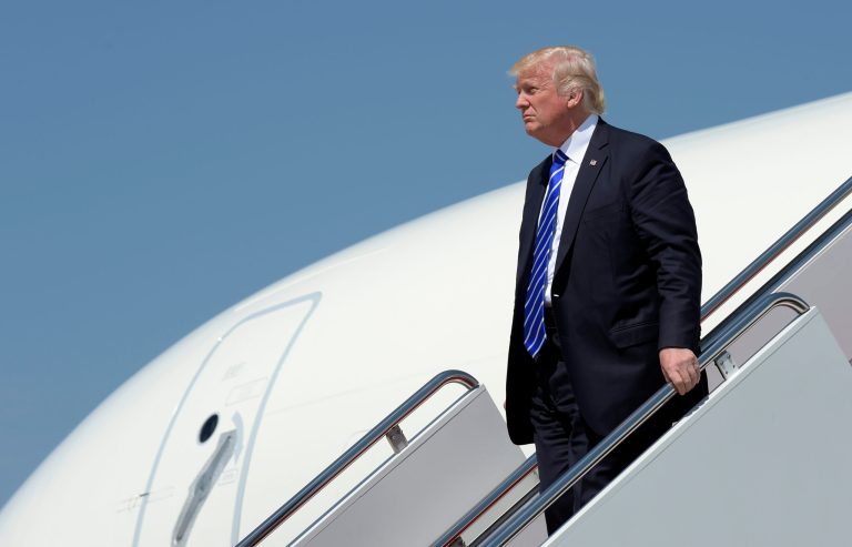 President Trump walks down the steps of Air Force One at Andrews Air Force Base.