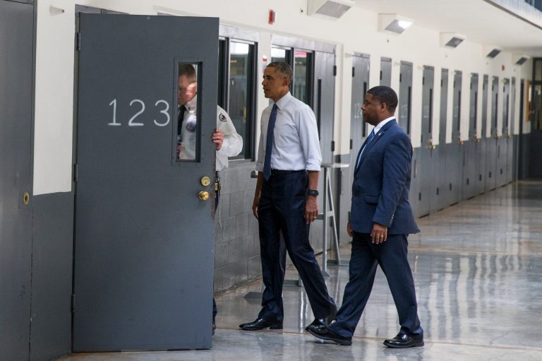 President Obama is led on a tour during a visit to the El Reno Federal Correctional Institution in El Reno, Okla., Thursday. (AP Photo/Evan Vucci)