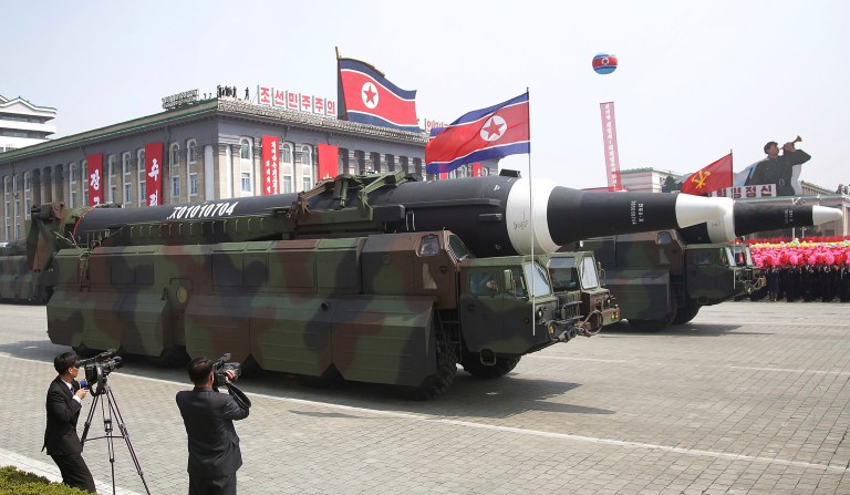 In what military experts say appears to be a North Korean KN-08 Intercontinental Ballistic Missile is paraded across Kim Il Sung Square during a military parade on Saturday, April 15, 2017, in Pyongyang, North Korea. (AP Photo/Wong Maye-E)