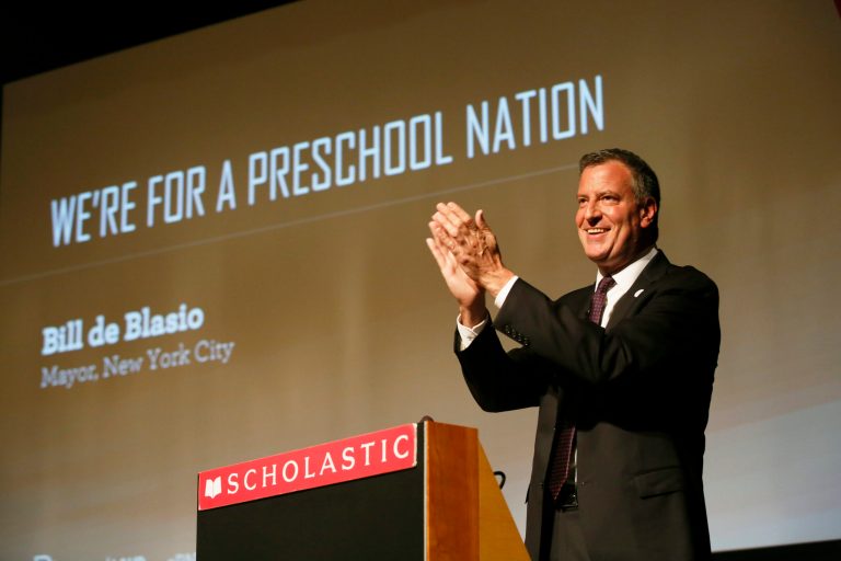 New York City Mayor Bill de Blasio addresses the country's first PreK Nation at the Scholastic Inc. headquarters in Soho on August 5 in New York. (Stuart Ramson/Invision/AP Images)