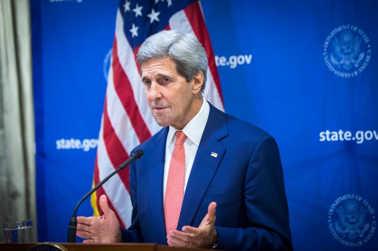 U.S. Secretary of State John Kerry announces a 72-hour humanitarian cease-fire beginning Friday between Israel and Hamas, in New Delhi, India, Friday. (AP/Lucas Jackson)