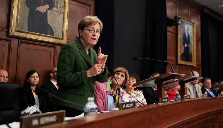 Rep. Marcy Kaptur, D-Ohio, (pictured above, standing) Sen. Richard Blumenthal, D-Conn., Sen. Marco Rubio, R-Fla., and several other people in Congress signed a letter to the Food and Drug Administration asking it to do more about the shortage of IV saline fluid after Hurricane Maria pummeled Puerto Rico, a major manufacturer of the product. (AP Photo/Manuel Balce Ceneta)