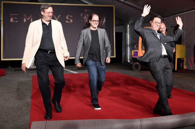 Ricky Kirshner, from left, Glenn Weiss, Stephen Colbert and Jack Sussman participate in the 2017 Primetime Emmy Red Carpet Rollout at the Microsoft Theater on Tuesday, Sept. 12, 2017, in Los Angeles. (Photo by Richard Shotwell/Invision/AP)