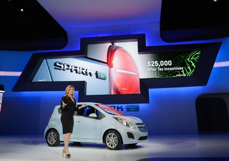 LOS ANGELES, CA - NOVEMBER 28:  Pamela Fletcher, GM's Global Chief Engineer for Volt and Plug-In Hybrid, speaks after unveiling the new 2014 Chevy Spark EV electric vehicle during the Los Angeles Auto show on November 28, 2012 in Los Angeles, California. The LA Auto Show opens to the public November 30 and runs through December 9.  (Photo by Kevork Djansezian/Getty Images)