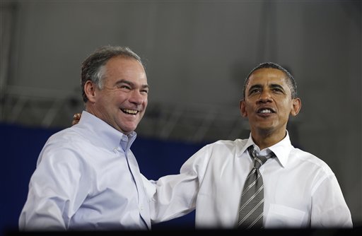 President Barack Obama stands on stage with U.S. Senate candidate Tim Kaine at a campaign event Wednesday in Charlottesville. (AP Photo)