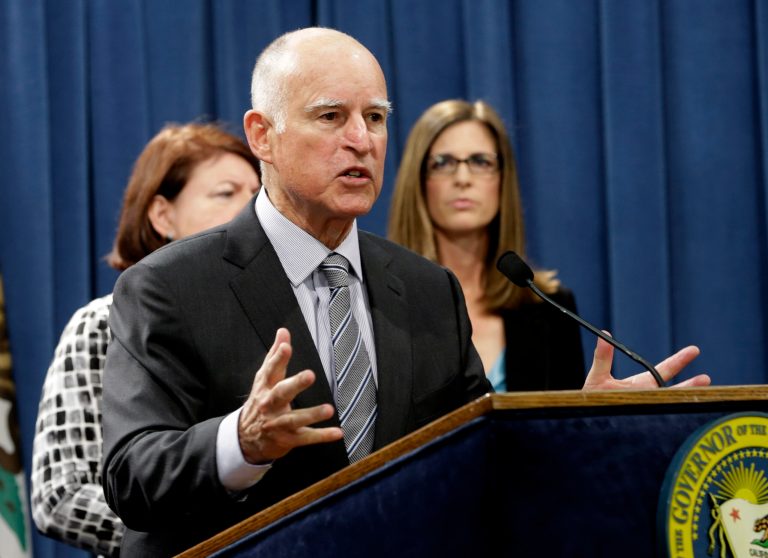 Gov. Jerry Brown answers questions concerning the proposed $1 billion package of emergency drought-relief legislation during a Capitol news conference in Sacramento, Calif., Thursday, March 19, 2015. (AP Photo/Rich Pedroncelli)