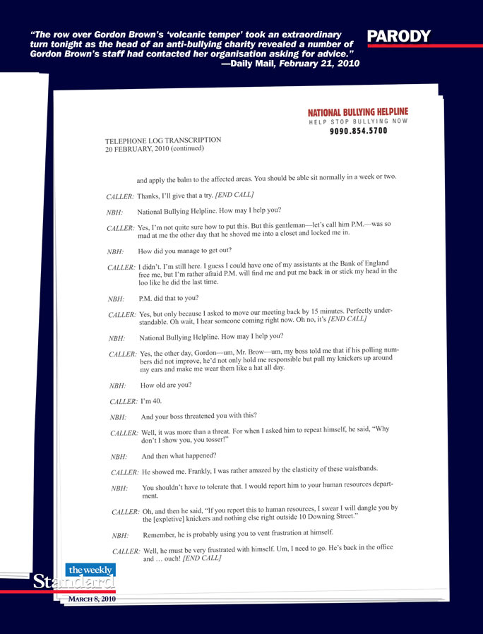 Gordon Brown staff calls the National Bullying Hotline