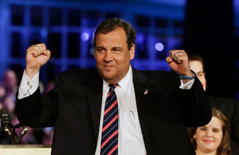 Republican New Jersey Gov. Chris Christie celebrates his election victory in Asbury Park, N.J., after defeating Democratic challenger Barbara Buono. (AP Photo/Mel Evans)