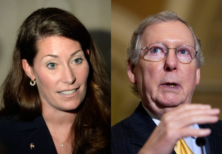 Kentucky Secretary of State Alison Lundergan Grimes and Senate Minority Leader Mitch McConnell. (AP images)