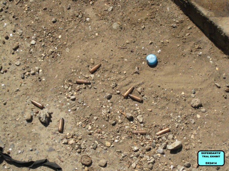 This image obtained by the Associated Press, Defendants' Trial Exhibit DX2414, shows eight spent shell casings from the scene of the shootings of 14 Iraqui in Nisoor Square in Baghdad in 2007. The image has turned up at a crucial point in the trial of four Blackwater security guards. (AP Photo)