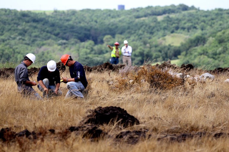 Environmental workers take samples to assess level of contamination, and surveyors measure size of affected area  at the site of saltwater spill Thursday, July 10, 2014, near Mandaree, N.D. A pipeline leak on Fort Berthold Indian Reservation spilled 1 million gallons of saltwater, a byproduct of oil and gas production. Company officials say the leak likely started over the Fourth of July weekend. (AP Photo/Tyler Bell)