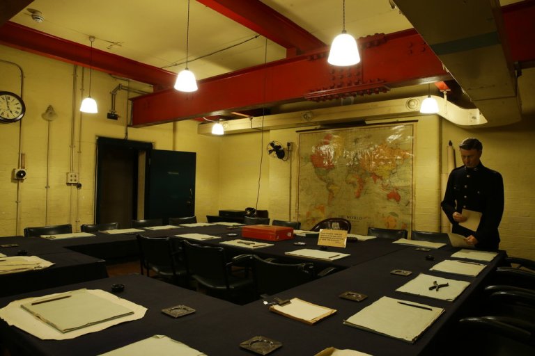 This Jan. 12, 2018 photo shows a general view of the Cabinet room at the Churchill War Rooms in London, Friday, Jan. 12, 2018. The Map room, Cabinet room and other places that visitors can see at the Churchill War Rooms museum were recreated by set designers for 
