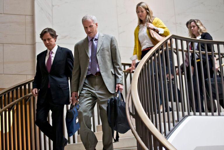 President Barack Obama's Deputy National Security Adviser Tony Blinken, left, and Deputy Director of National Intelligence Robert Cardillo, right, arrive to meet with lawmakers on Capitol Hill in Washington, Thursday, Sept. 5, 2013, for a closed-door briefing on the situation in Syria. President Obama has requested congressional authorization of military intervention in Syria in response to last month's alleged sarin gas attack in the Syrian civil war. (AP Photo/J. Scott Applewhite)