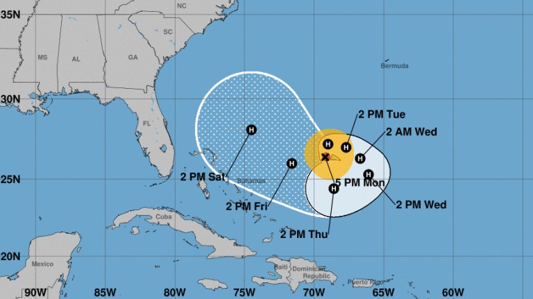 The latest forecast from the National Hurricane Center on Monday shows Hurricane Jose, a Category 2 storm, making a clockwise loop in the Atlantic before heading northwest in the direction of South Carolina, Georgia and Florida. (Screen shot, courtesy of the National Hurricane Center)