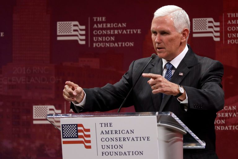 Republican vice presidential candidate Gov. Mike Pence, R-Ind., speaks at a luncheon sponsored by the American Conservative Union Foundation, Tuesday, July 19, 2016, in Cleveland. (AP Photo/Mary Altaffer)