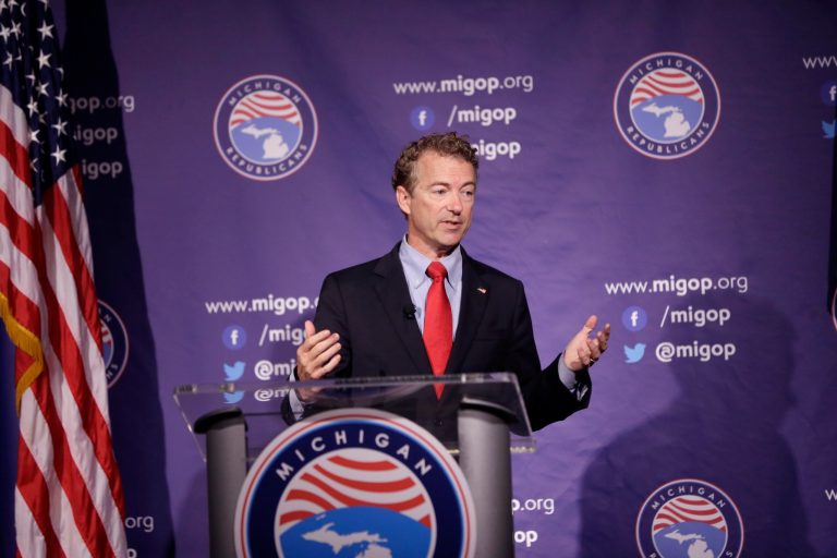 Republican presidential candidate, Sen. Rand Paul, R-Ky., addresses the 2016 Mackinac Republican Leadership Conference, Saturday, Sept. 19, 2015, in Mackinac Island, Mich. (AP Photo/Carlos Osorio)