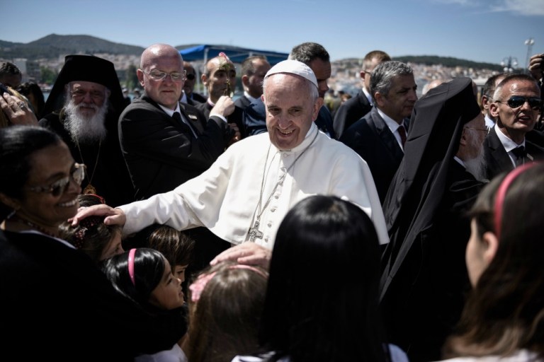 Pope Francis told refugees in a detention center on the Greek island of Lesbos, 