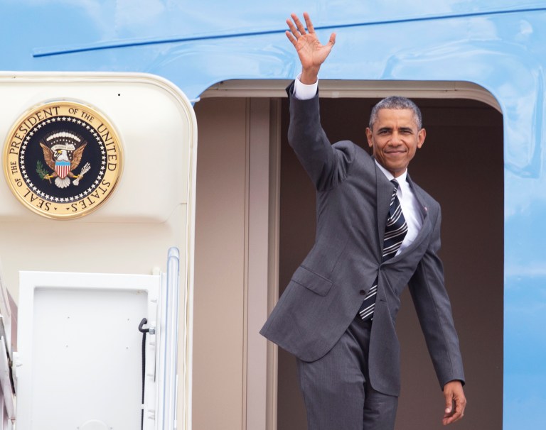 President Obama boards Air Force One. He's traveling to Portland for a fundraiser, followed by a visit to the Nike headquarters in Beaverton, Ore. (AP Photo/Manuel Balce Ceneta)