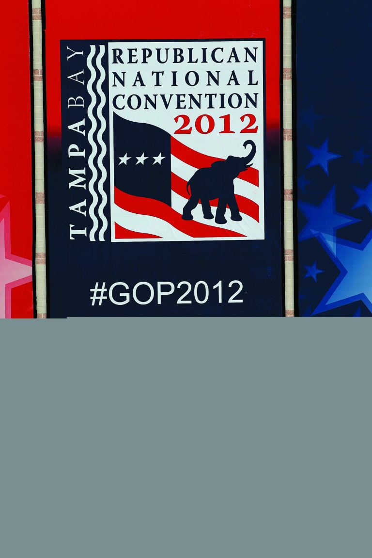Signage for the Republican National Convention hangs at the Tampa Bay Times Forum in Tampa, Florida. The RNC is scheduled to convene on August 27 and will hold its first session on August 28 as Tropical Storm Isaac threatens disruptions due to its proximity to the Florida peninsula.  (Photo by Spencer Platt/Getty Images)