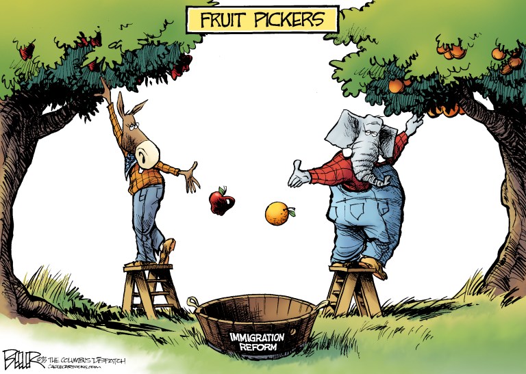 Editorial cartoon for July 1: Fruit pickers