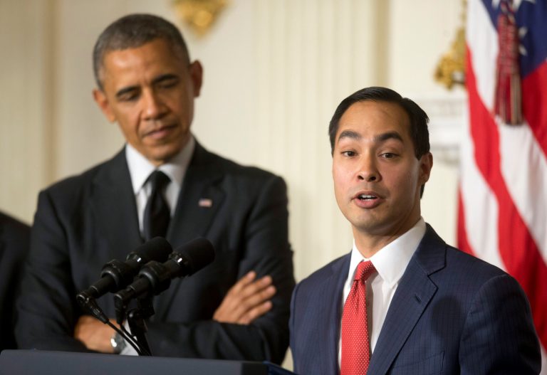 President Obama listens to San Antonio Mayor Julian Castro after announcing the nomination of Castro to lead the Department of Housing and Urban Development. (AP Photo/Pablo Martinez Monsivais)