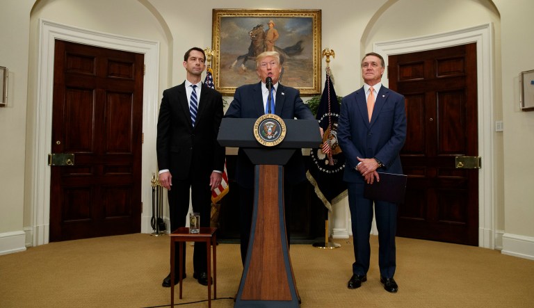 A bill introduced by Sens. Tom Cotton of Arkansas and David Perdue of Georgia would establish a skills-based system for admitting immigrants, slash the number of refugees admitted each year, and cut legal immigration by half. (AP Photo/Evan Vucci)