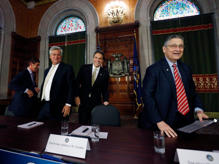 From left, Senate co-leader Jeff Klein, D-Bronx, Senate Republican leader Dean Skelos, R-Rockville Centre, New York Gov. Andrew Cuomo and Assembly Speaker Sheldon Silver, D-Manhattan, leave a news conference after announcing legislation to combat the rise of heroin use in the state in the Red Room at the Capitol on Wednesday, June 18, 2014, in Albany, N.Y. (AP Photo/Mike Groll)