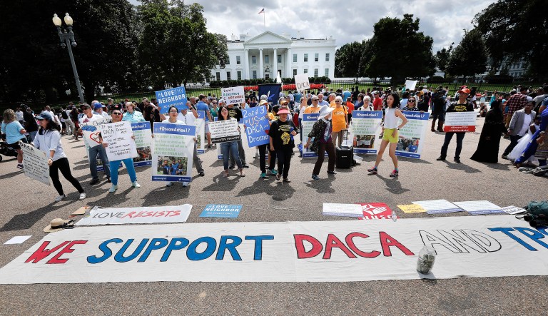 Supporters of Deferred Action for Childhood Arrivals program demonstrate in front of the White House. President Trump is expected to announce that he will end protections for young immigrants who were brought into the country illegally as children, but with a six-month delay. (AP Photo/Pablo Martinez Monsivais)
